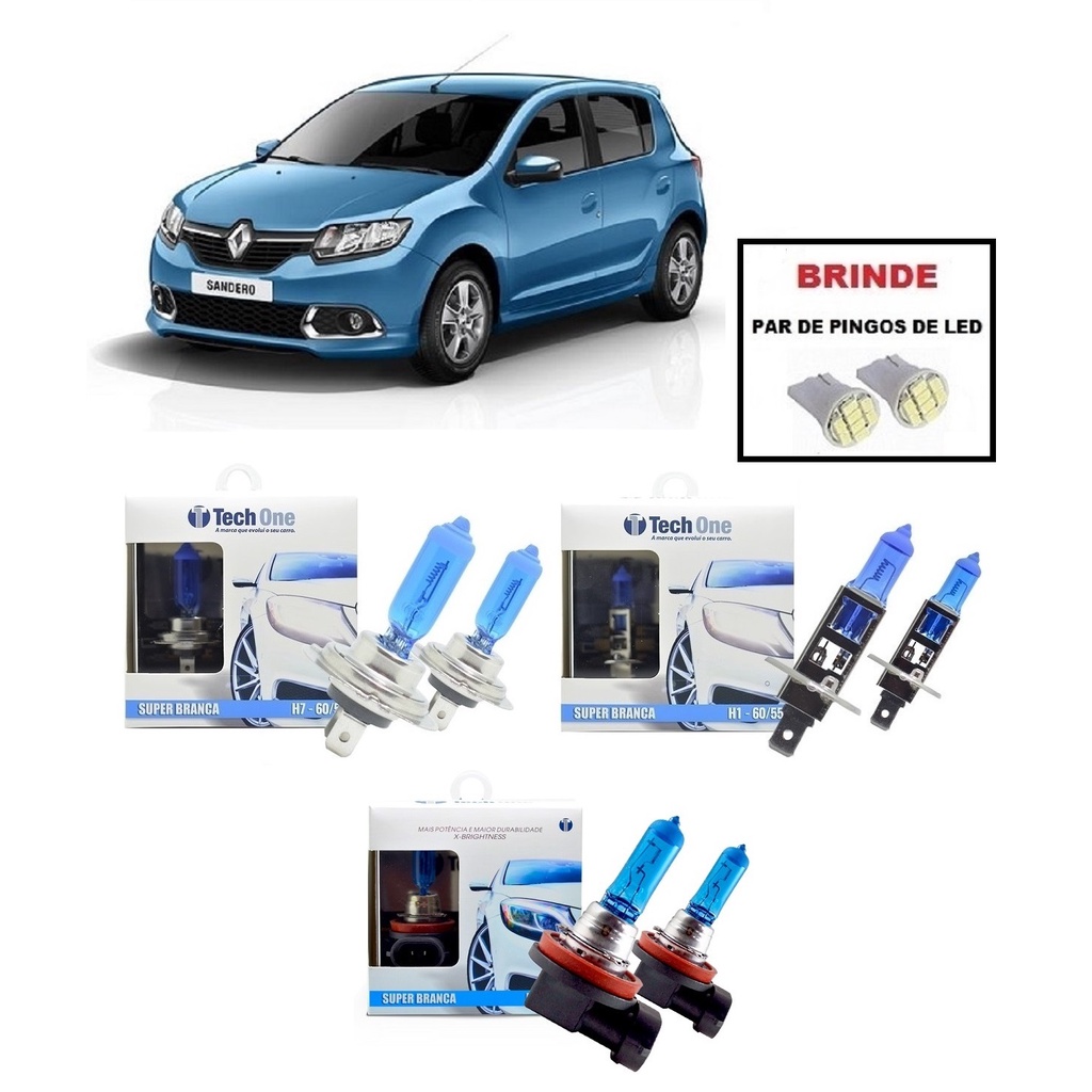 Kit 6 Lampadas Super Brancas para Farol Alto / Baixo e Milha com 8500 Kelvins para Renault Sandero 2015 2016 2017 2018 2019 2020 2021 Selecione Modelo do Farol