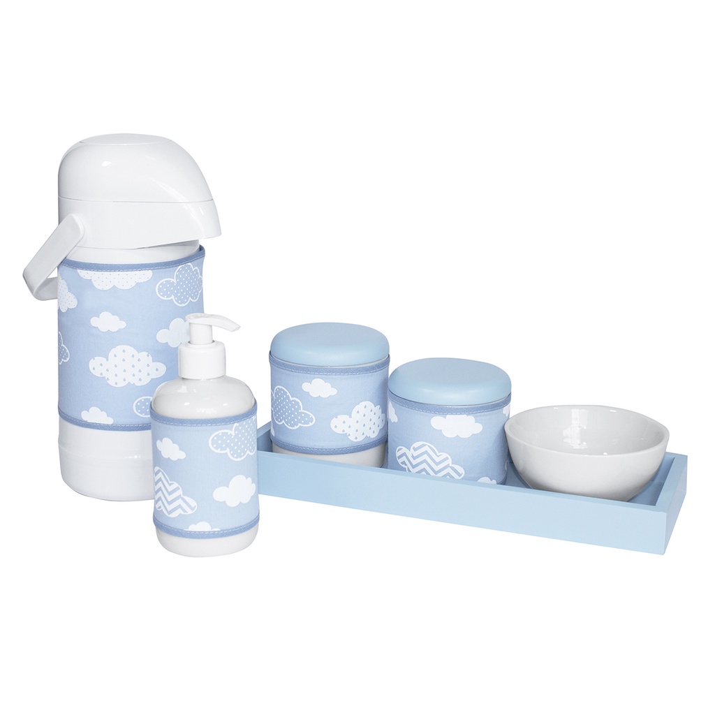 Kit Higiene Nuvem Azul Garrafa Térmica Pote Porcelana Menino