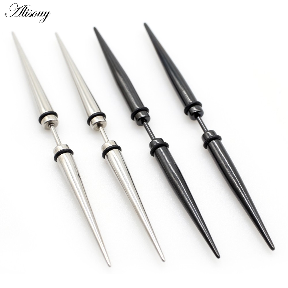 Alisouy 2 Peças Unissex Gótico Punk Spike Cone De Aço Inoxidável Haltere Barra Brincos De Orelha Para Homens Mulheres Jo