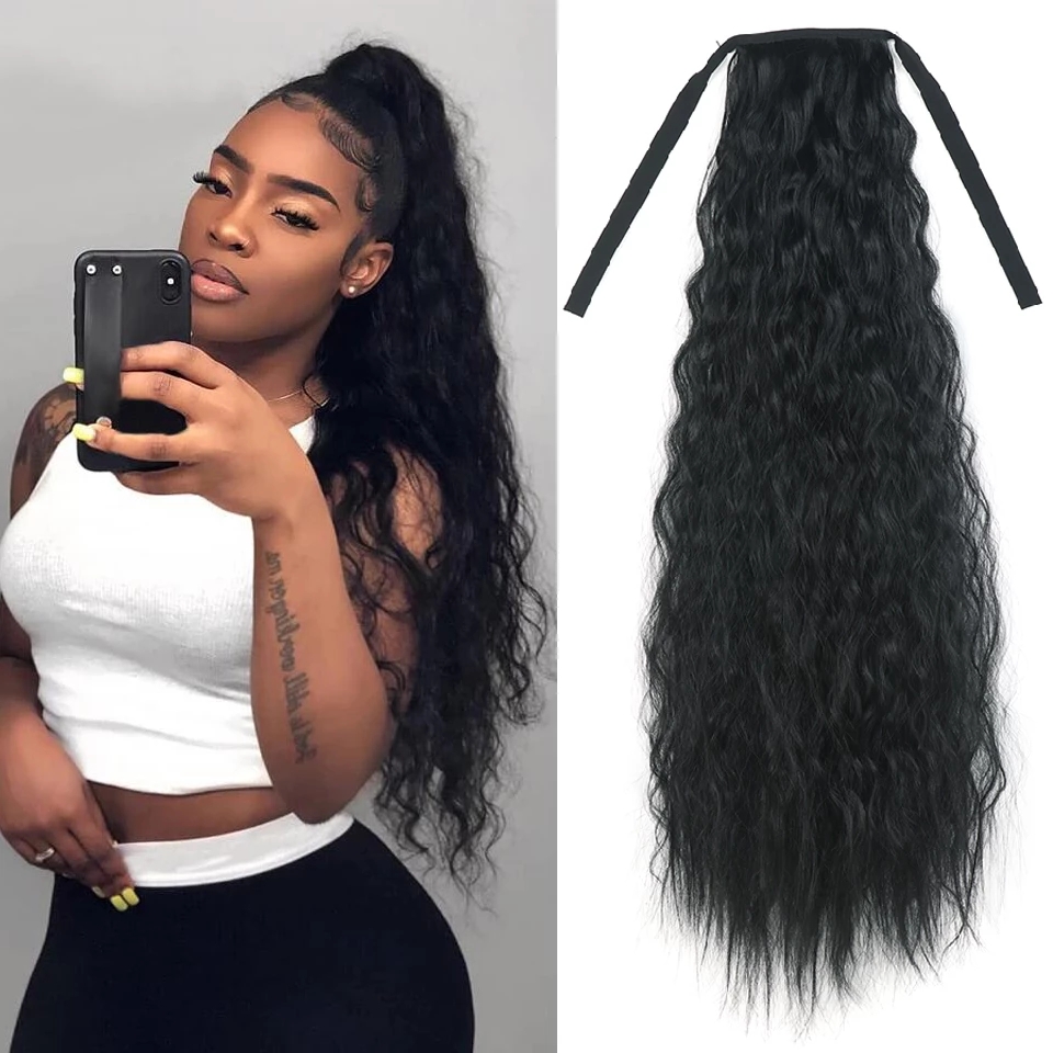 22 Inch Long Corn Curly Ponytail Wig Kinky Curly Synthetic Black Color  Ribbon Tied Ponytail Hairpiece | Shopee Brasil