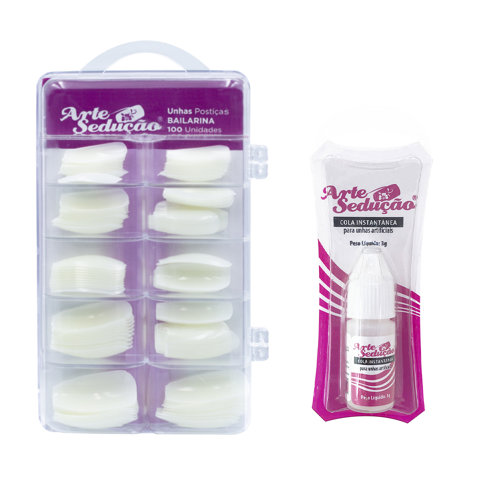 Kit 100 Unhas Postiças Bailarina Cola Unhas 3g Arte Sedução