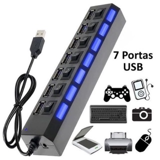 Hub Usb 2.0 7 e 4 Portas Com Led 480 Mbps Preto Alta Velocidade Botão Liga/Desliga