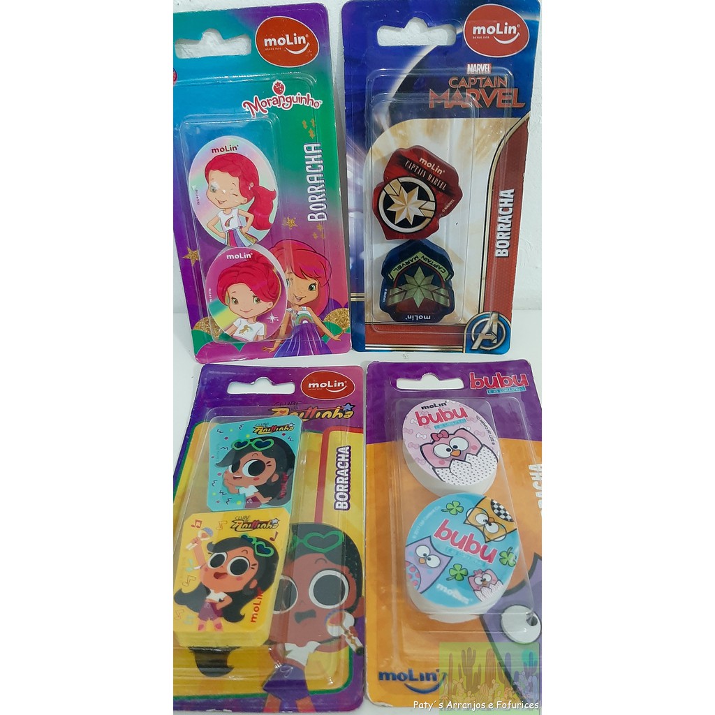 Kit com 2 Borrachas Decoradas marca Molin estampas Clube da Anittinha Anitta, Bubu e as Corujinhas, Captain Marvel