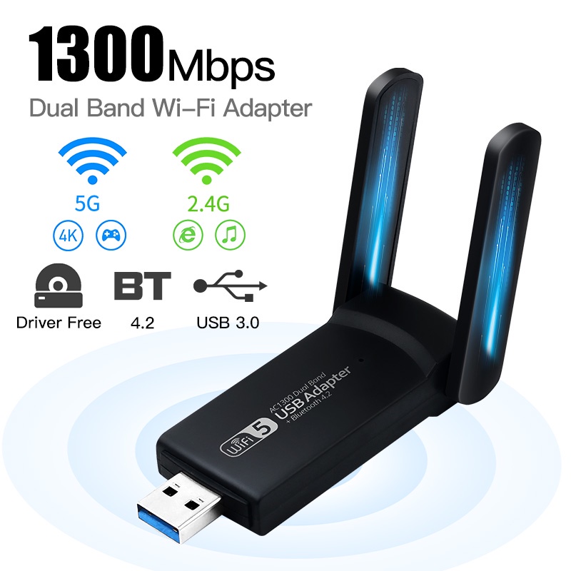 【Ready stock】1300M USB WiFi Adapter Bluetooth-Compatible 4.2 Adapter 5G Wireless USB WiFi Receiver Network Card Transmitter For PC