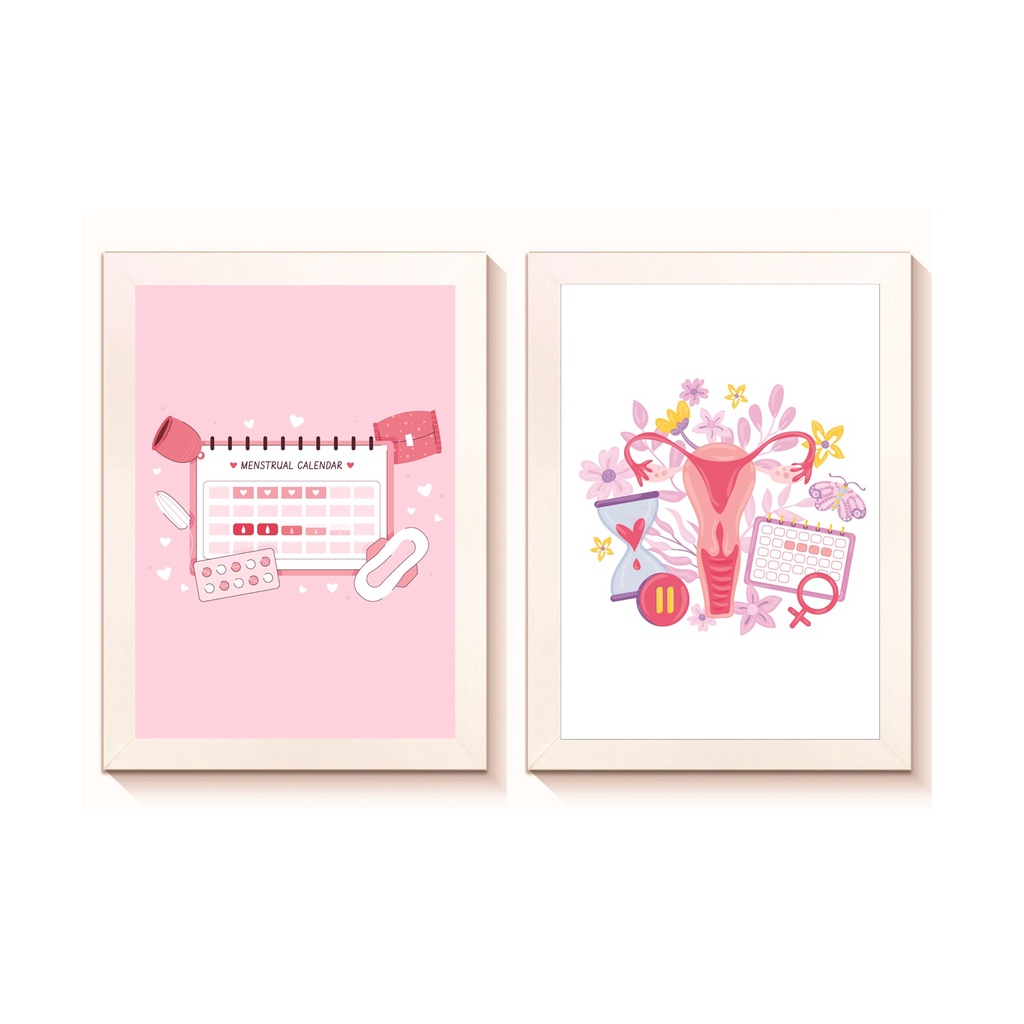 Kit 2 Quadros Decorativos Menstruação Saúde da Mulher Ginecologia Medicina Molduras 20x30cm