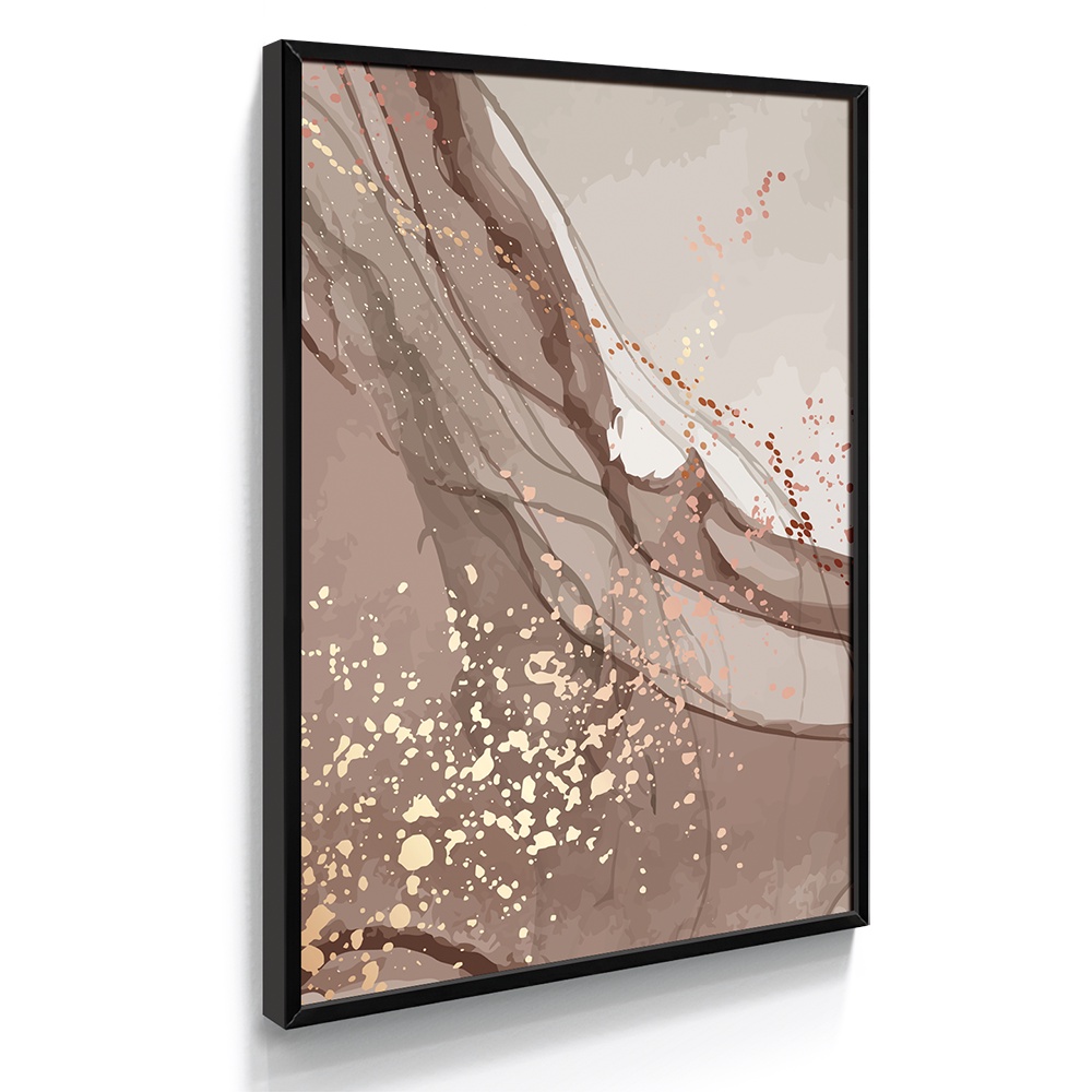 Quadro Decorativo Abstrato Quarto Moldura Sala Quadro Efeito Pintura Marrom Dourado Individual A3