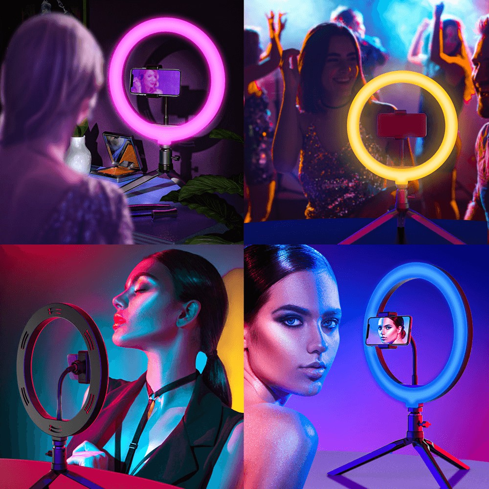 Iluminador Ring Light 26 cm Colorida LED 20W Suporte Celular Iluminador USB + Tripé 2,10 mts