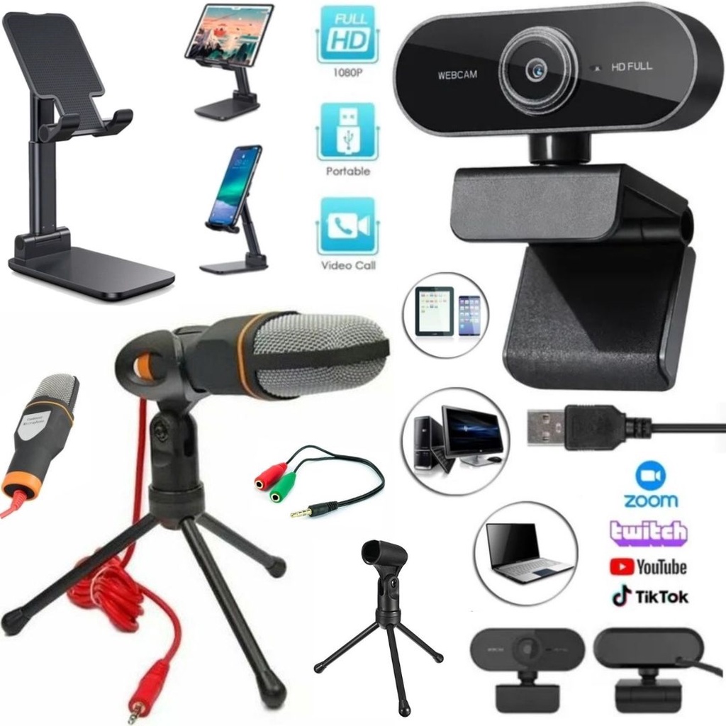 Kit Webcam usb 1080p Microfone profissional Vídeo live Reunião Aulas Home office