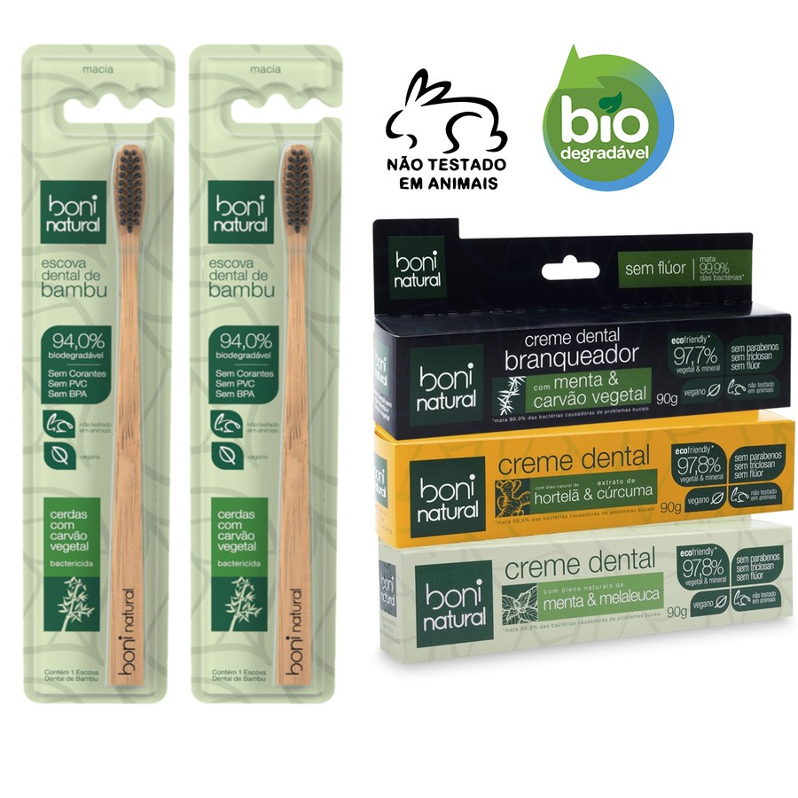 Kit 2 Escova De Bambu + 3 Creme Dental Sortidos Veganos Boni