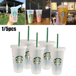 (1 / 5 Pcs) 710 ml Reutilizável Copo Starbucks Mudando A Cor Copos Frio Copo De Plástico Copo De Plástico Com Tampa Reut