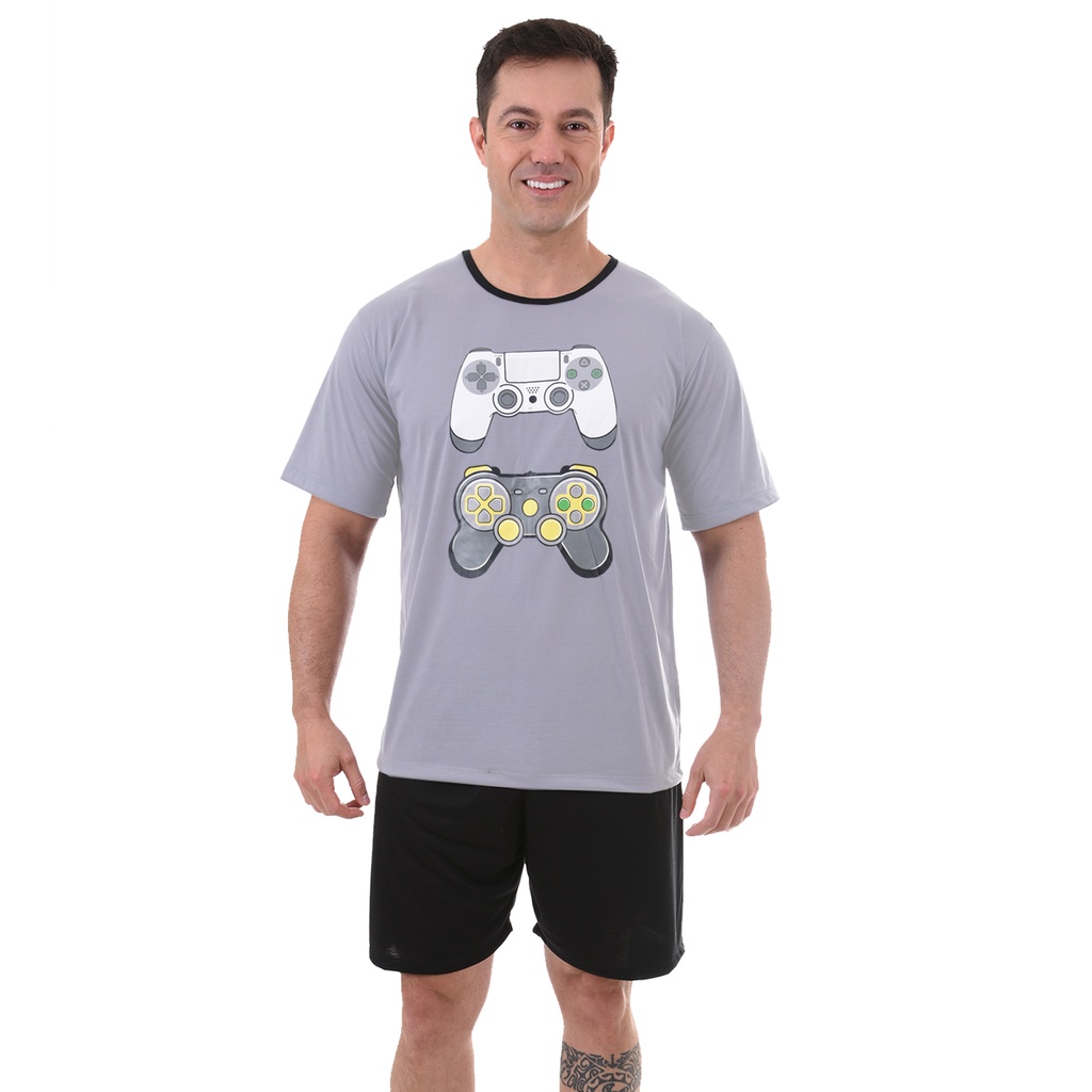 Pijama Masculino Curto Adulto Verão Camisa Meia Manga Short Game Pai e Filho