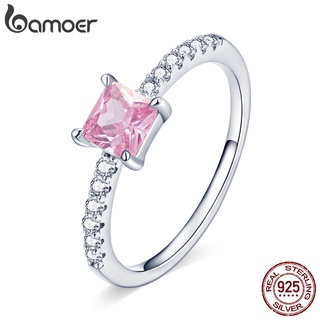 Bamoer Dedo Anel Quadrado Rosa Design De Cristal De Prata Esterlina 925 Moda Jóias Para As Mulheres & Meninas Presentes Bsr191