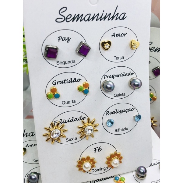 kit cartela de Brincos semaninha | Cartela semaninha | kit brincos semaninha | kit brincos cartela com 7 pares | Brincos antialérgico