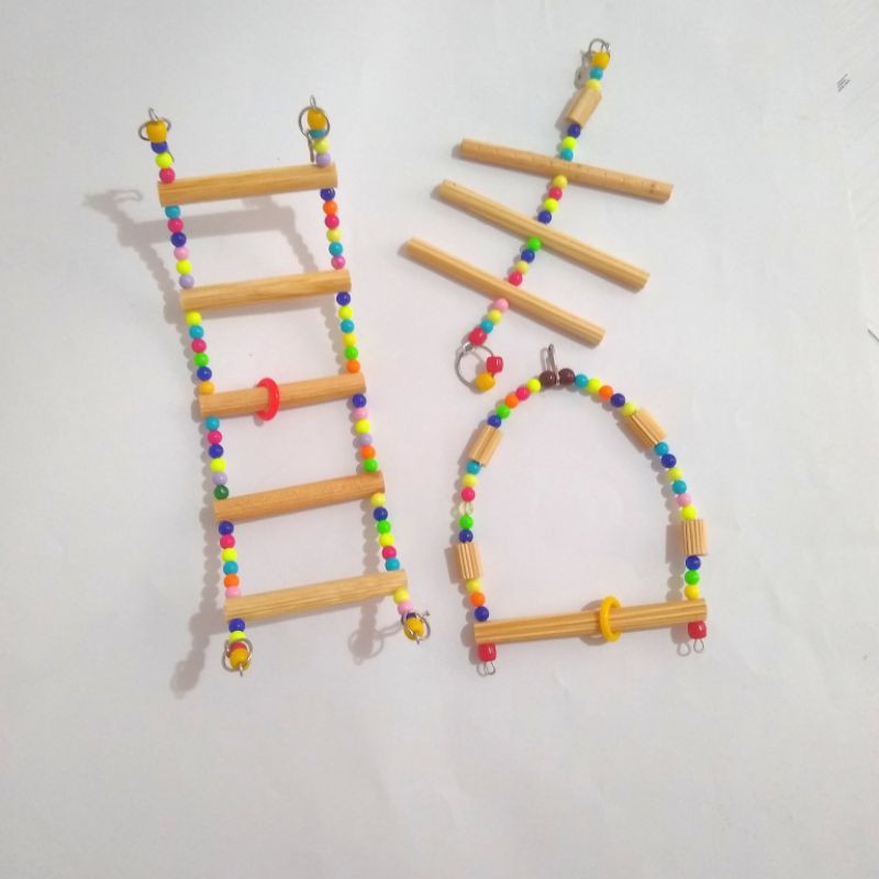 Kit 3 Brinquedos Escada Poleiro Balanço Bicador Calopsita Ring Neck Rosela Periquito Agapornis Maritaca Pássaro Passarinho Gaiola