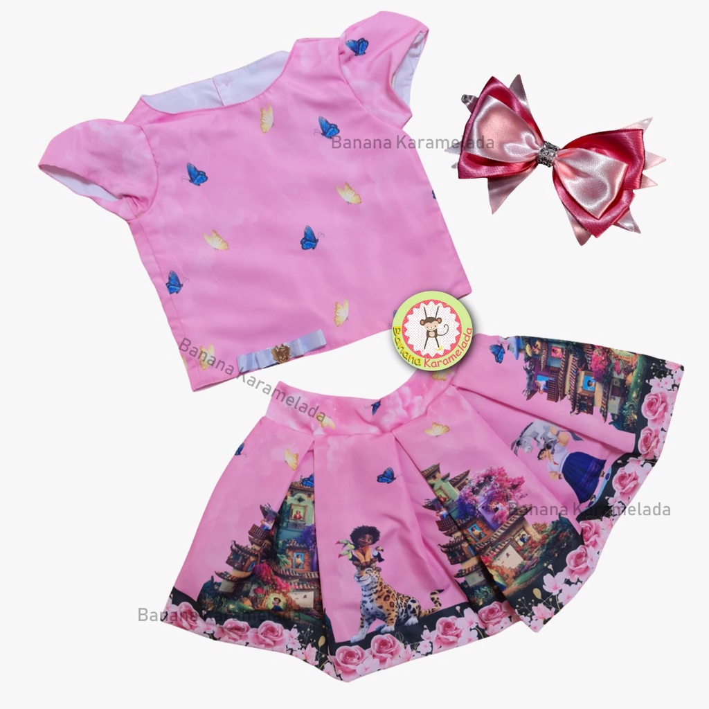 Conjunto Encanto Rosa Cropped Blusa e Saia Infantil Menina - Laço