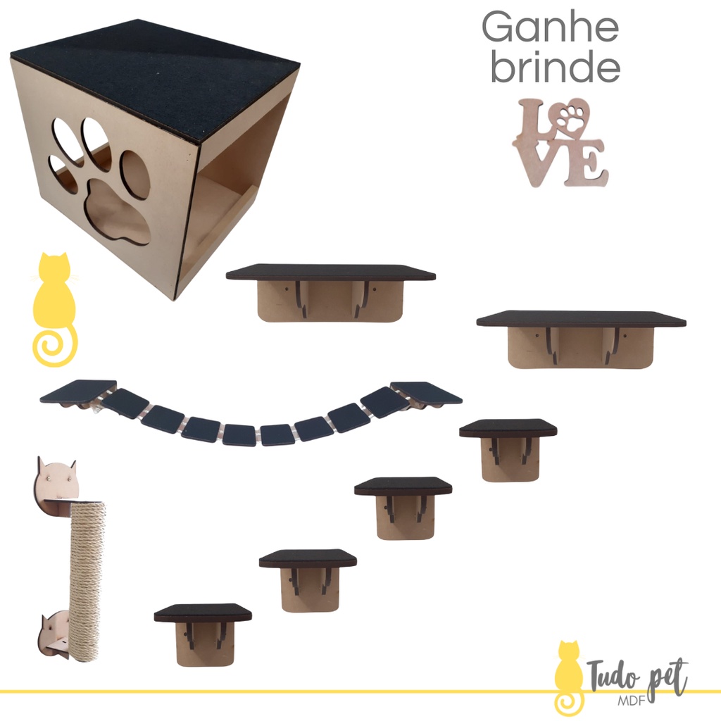 Kit Playground De Gato Nicho Casinha Ponte MDF Cru Kit Play Circuito e Diversão