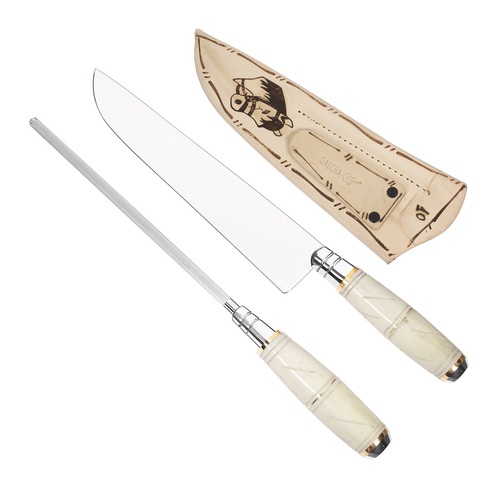 Conjunto Churrasco Faca Artesanal Gaúcha Inox 10 Polegadas e Chaira Cabo Osso Trabalhado - Wp Connect