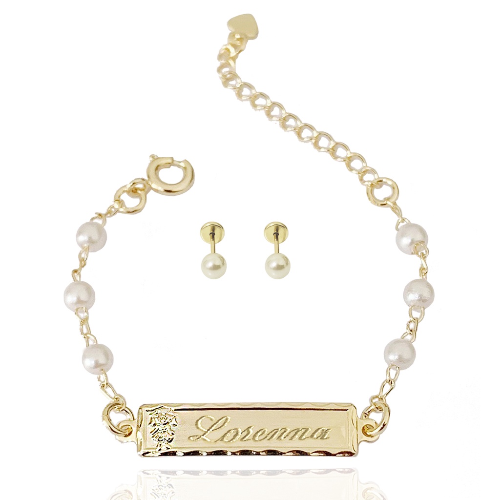 Kit Brinco e Pulseira Infantil Bebe Criança Gravação do Nome Folheado a Ouro 18k