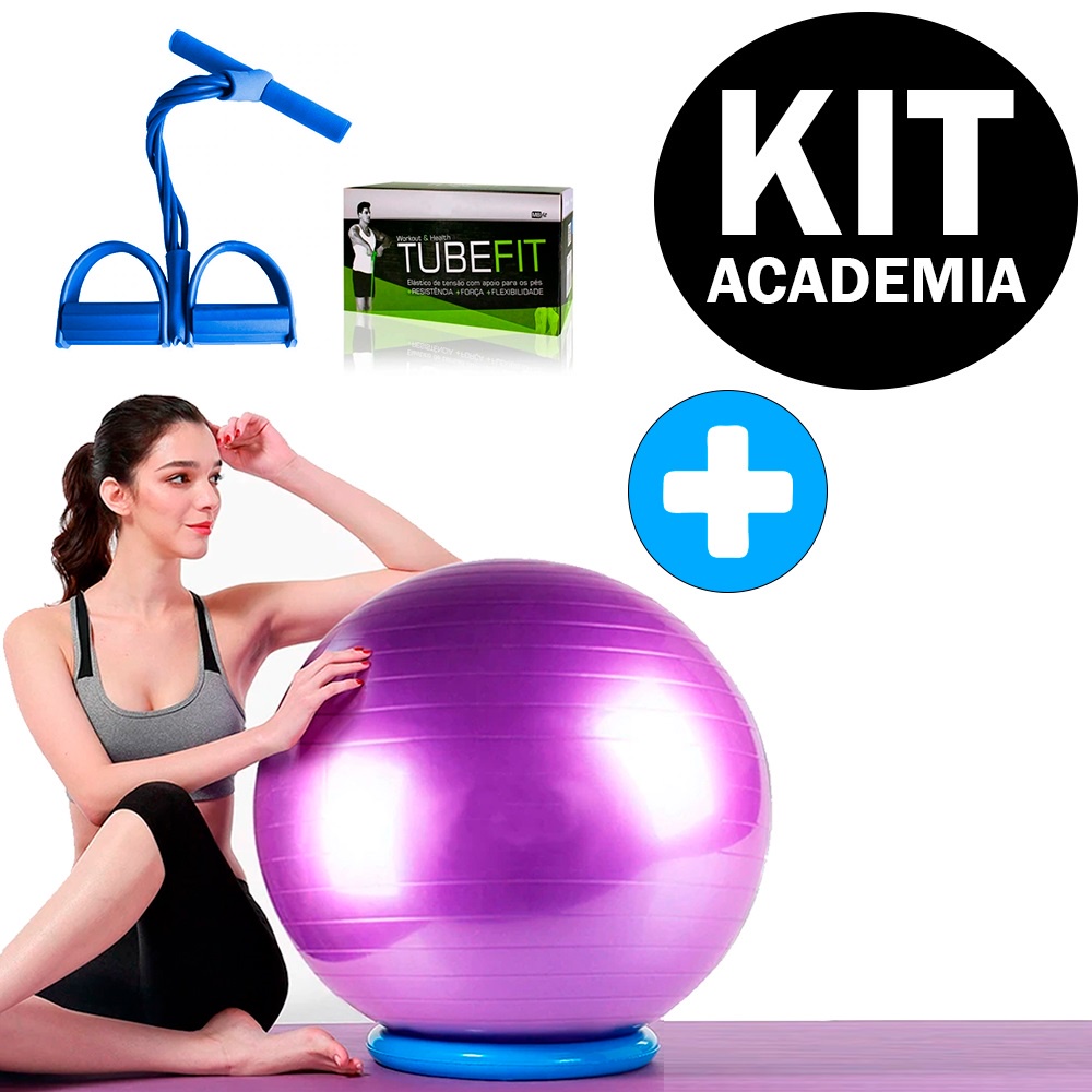 Bola Suíça Pilates Yoga 55cm+ Elástico de Tensão com Apoio para os Pés Tube Fit Academia em Casa Ginástica e Musculação Treino