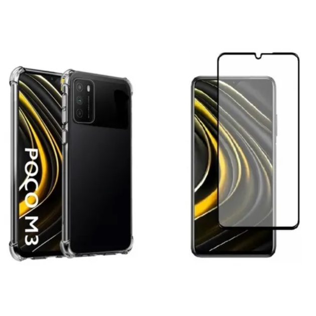Capa Anti Impacto Para Xiaomi Poco M3 Pro + Pelicula De Vidro 3d (Anti queda shock choque proteção protetora air bag silicone TPU reforçada incolor transparente celular aparelho borda capinha case)