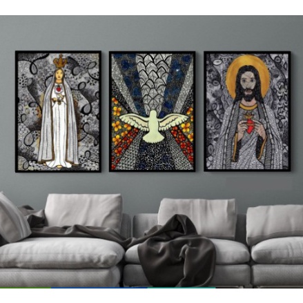 Quadros Decorativos Religioso Nossa Senhora Espirito Santo Jesus 3 Peças