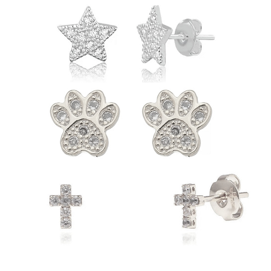 Brinco de Ouro 18K Banhado Brinco Ouro Folheado Semijoais Feminino Brincos cor Prata Ródio Branco 03 Brincos Zircônia Estrela,Pata e Cruz 4931