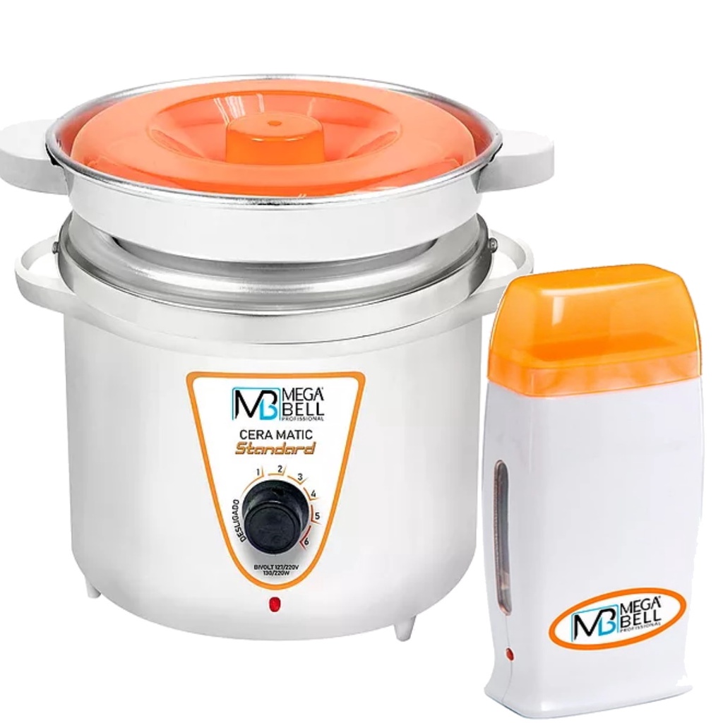 Kit Panela Depilação Termocera 900g Com Refil Branca Com Laranja + Aquecedor de Cera Roll-on Laranja