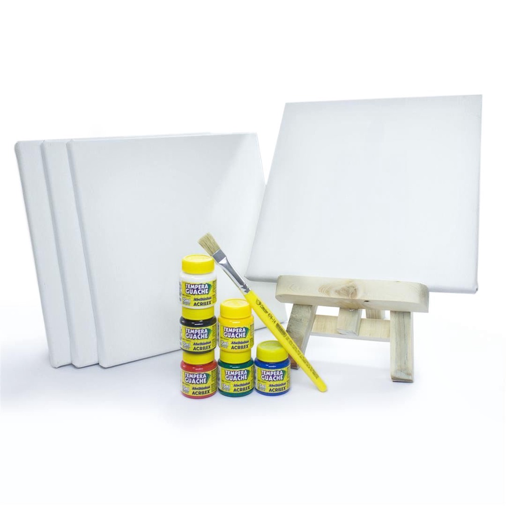 Kit 4 Telas Pintura 20x20 Mini Cavalete 6 Tintas e Pincel