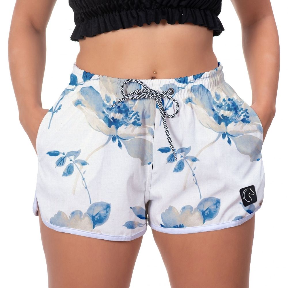 Short Feminino Moda Praia Premium Estilo Casual Soltinho Com Bolsos e Secagem Rápida Flores Azuis em Oferta na Shopee