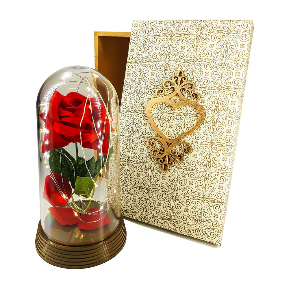 Luminária A Bela E A Fera Com Rosa Vermelha e Caixa De Madeira Dourada G Presente para namorada Presente dia dos Namorados Presente de Natal