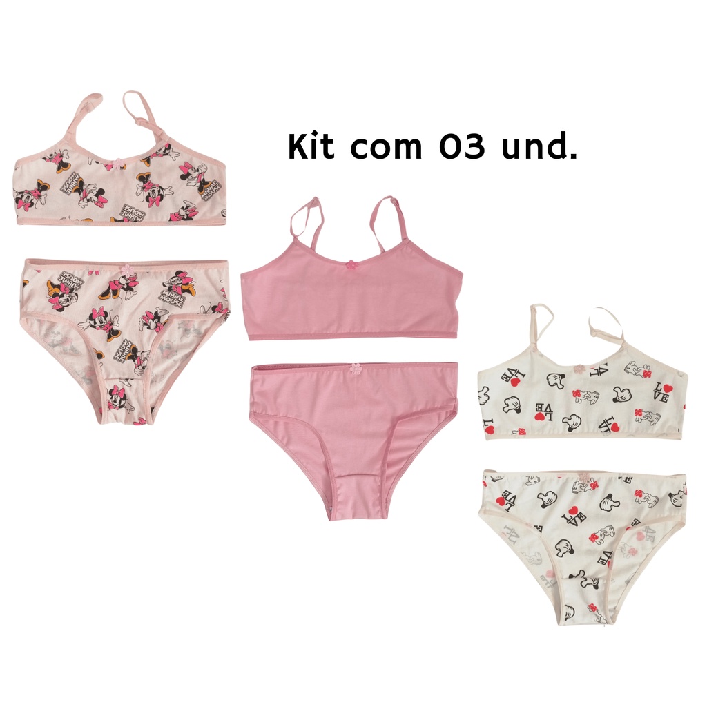 Kit 03 Conjunto calcinha e sutiã infantil menina moça top infantil juvenil menina algodão