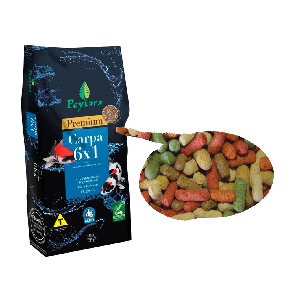 Ração Poytara Premium Carpas 6X1 Sticks Peixes Lagos 6Kg