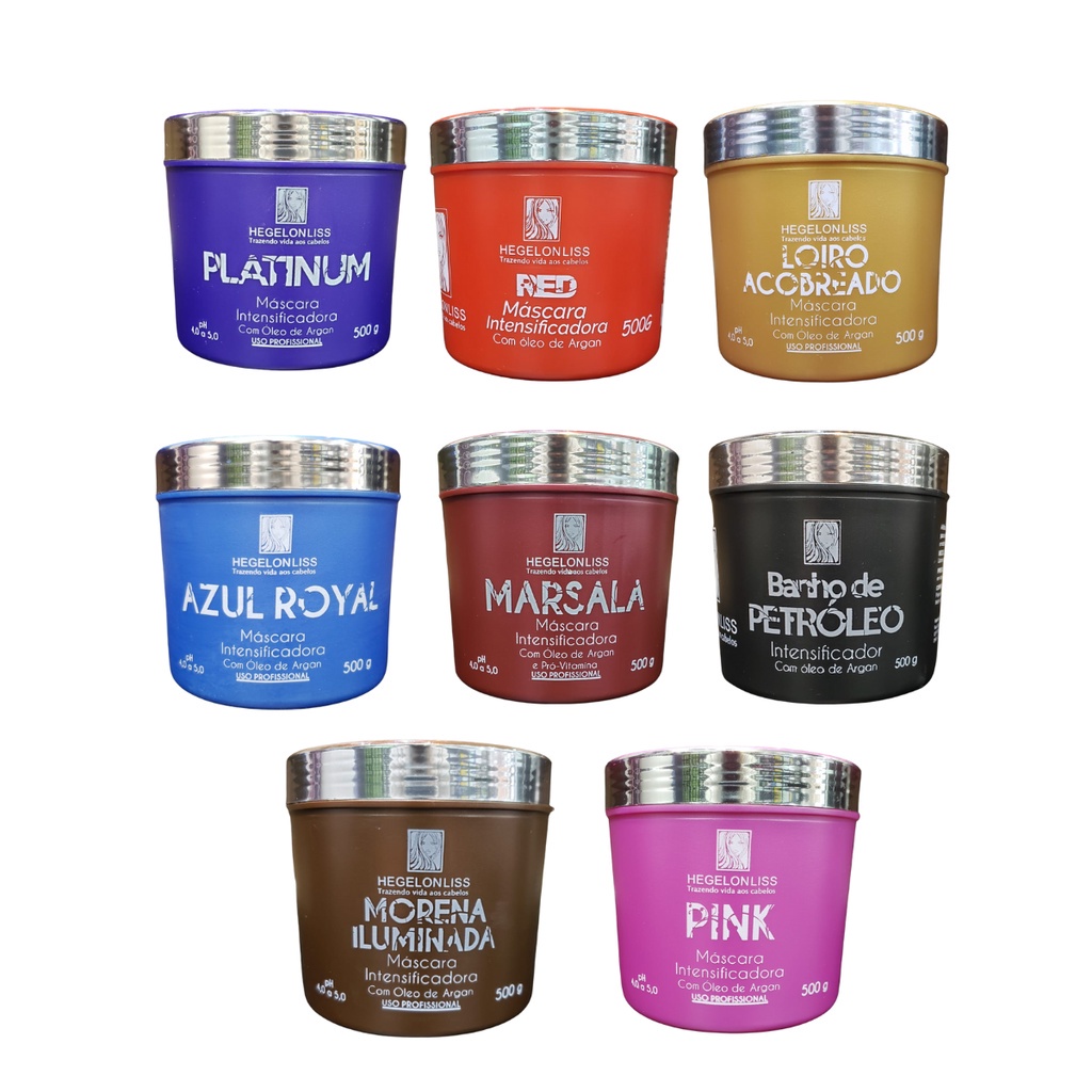 Matizador com Oleo de Argan 500g - Morena Iluminada, Banho de Petroleo, Loiro Acobreado, Azul Royal, RED, PINK, Platinum, Marsala - Hegelon Liss