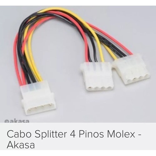 Original Akasa AK-PW-Y-20 Cabo Y de Energia 4 Pinos Molex Adaptador 4 Pinos Psu Fonte Para 2 Entradas Molex Duplicador Molex IDE Splitter de força Molex 20cm Transforma 1 saída molex de drivers da fonte para 2 saídas Atua também como extensor de força