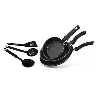 Kit Frigideiras Francesas 18 e 24 e Frigideira Ovo 14 Antiaderente com Espátulas - Preto