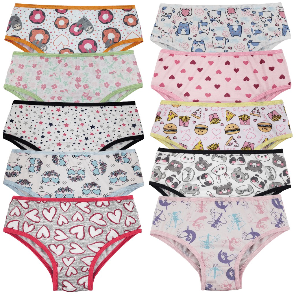 Calcinha infanto juvenil, estampas Sortidas, elástico viés - kit com 10 peças
