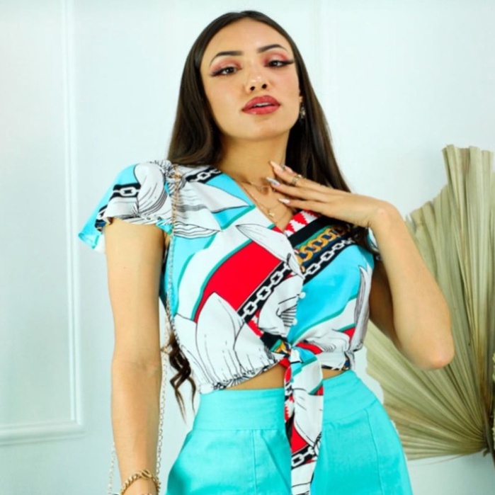 CROPPED MANGA CURTA FLORIDO COM LAÇO/MODA FEMININA/MODA VERÃO L5