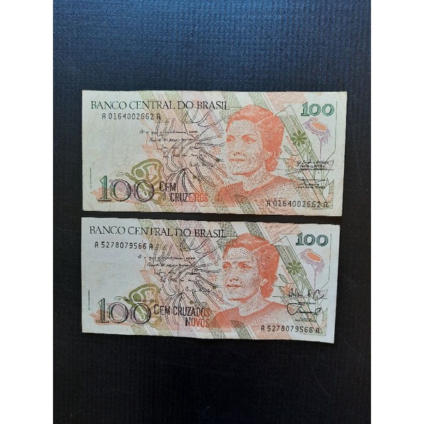 02 Cédulas do Brasil 100 cruzeiros e 100 cruzados novos dos anos 1989 e 1990 Mbc