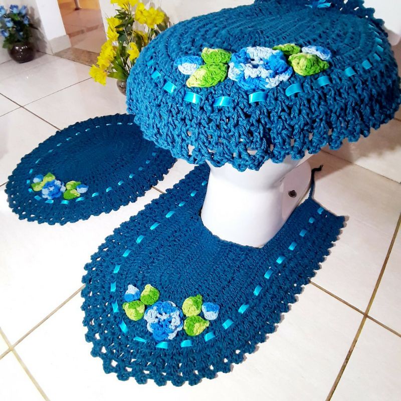 Tapete de crochê para banheiro jogo com 3 peças. Tapete de crochê feito a mão kit com 3 peças