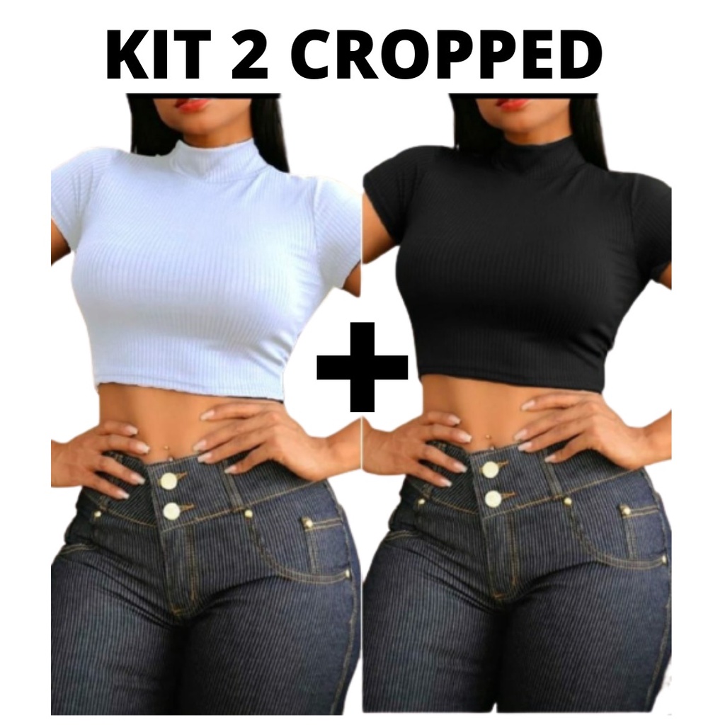 Kit 2 Cropped Gola Alta Canelado Manga Curta Blusa Blusinha Roupa Feminina Moda Verão (Inova Stilo)