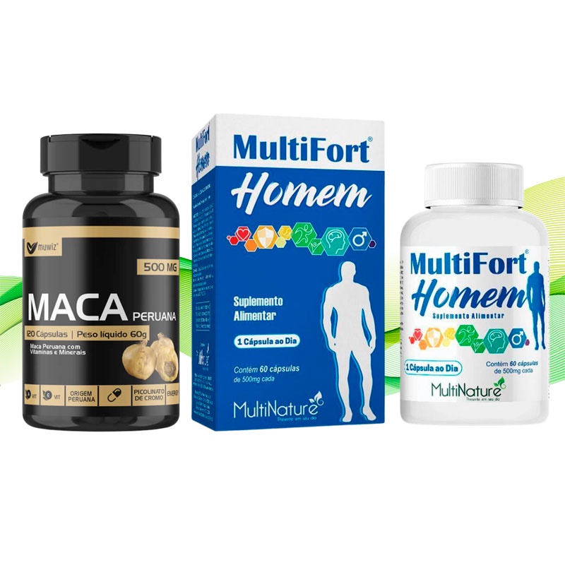 Polivitamínico Masculino Multifort Homem 500mg 60 Cápsulas  + Maca Peruana Muwiz 500mg 120 Cápsulas