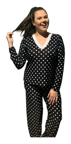Pijama Inverno Longo Feminino Manga Comprida Renda Dormir