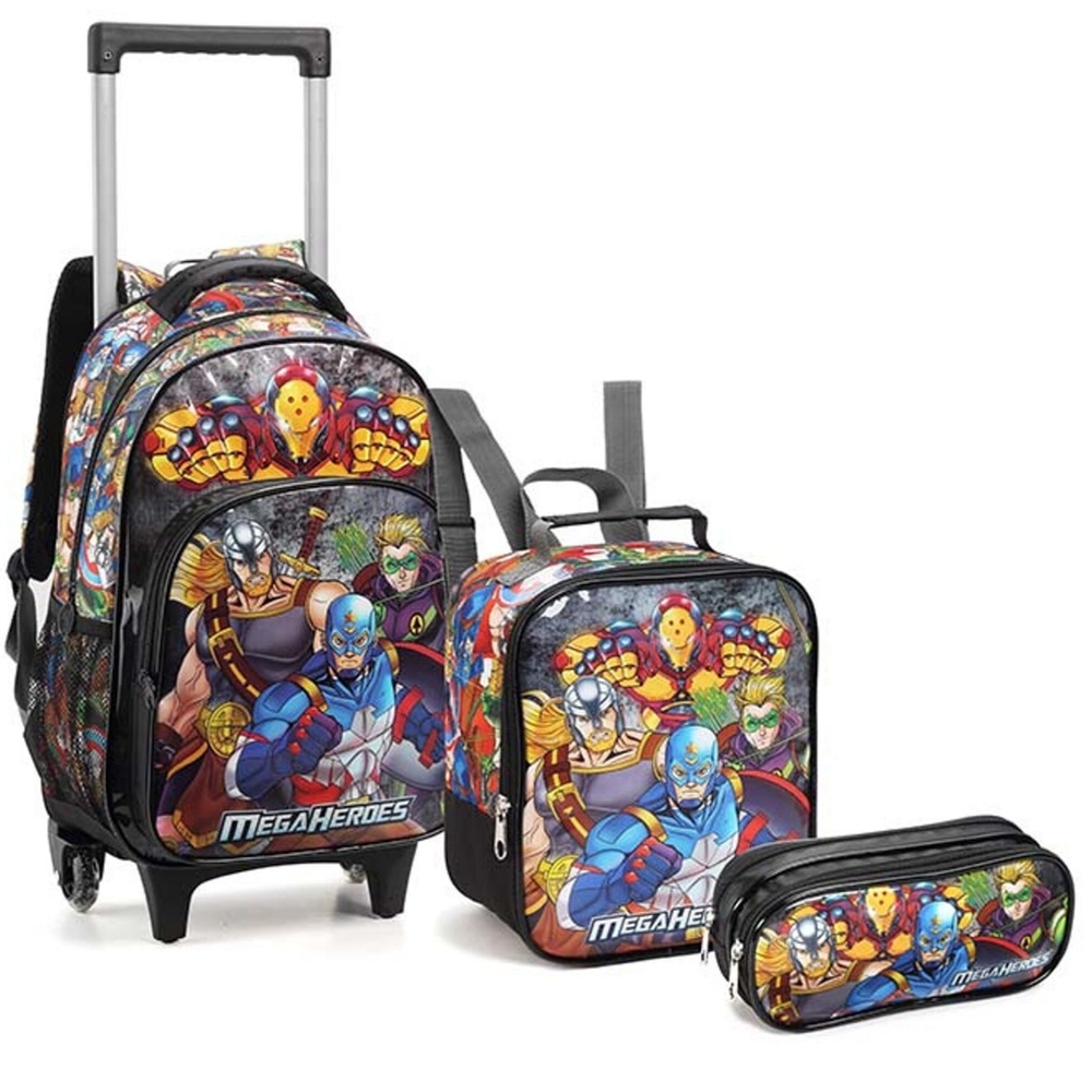 Kit Mochila Escolar infantil Super Heróis Mega Heroes com Carrinho de Rodinhas Lancheira e Estojo Derik