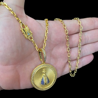 Cordão Cadeado de 4 mm de LIGA DE MOEDA ANTIGA COM BANHO DE OURO 18K - Fecho Especial com Santa