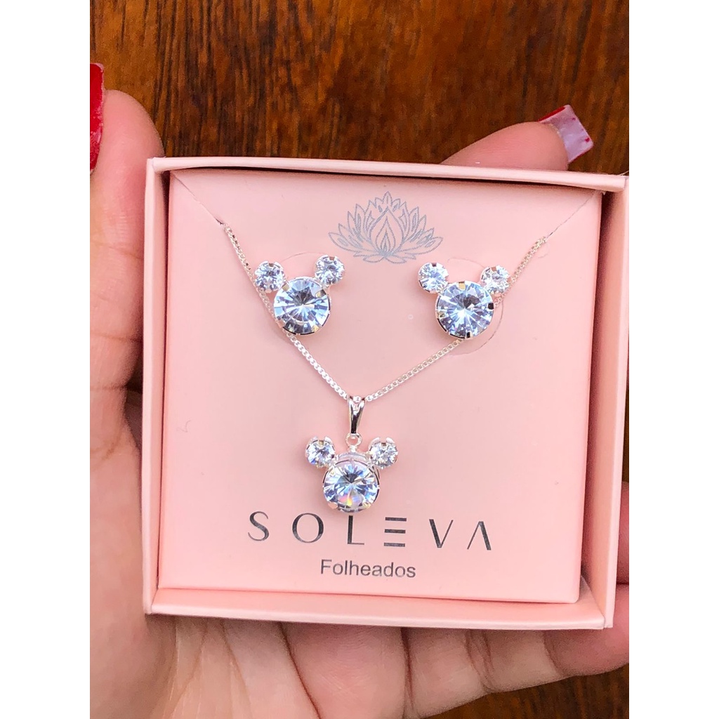 Conjunto Mickey Em Pedraria Ouro e Prata
