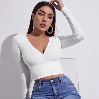 Blusa Cropped Transpassado Sexy - Canelado manga longa