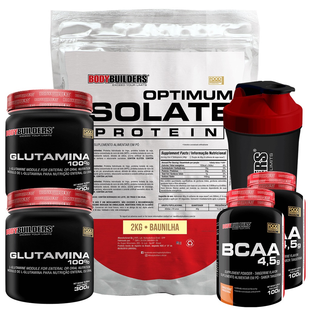 Kit Whey Optimum Isolate Protein 2kg + 2x BCAA 4.5 100g + 2x Glutamina 100% 300g + Coqueteleira - Kit Para Ganho de Massa Muscular Magra - Bodybuilders