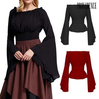 Blusa Feminina Medieval Renascência Cor Lisa Manga Sino Com Babado