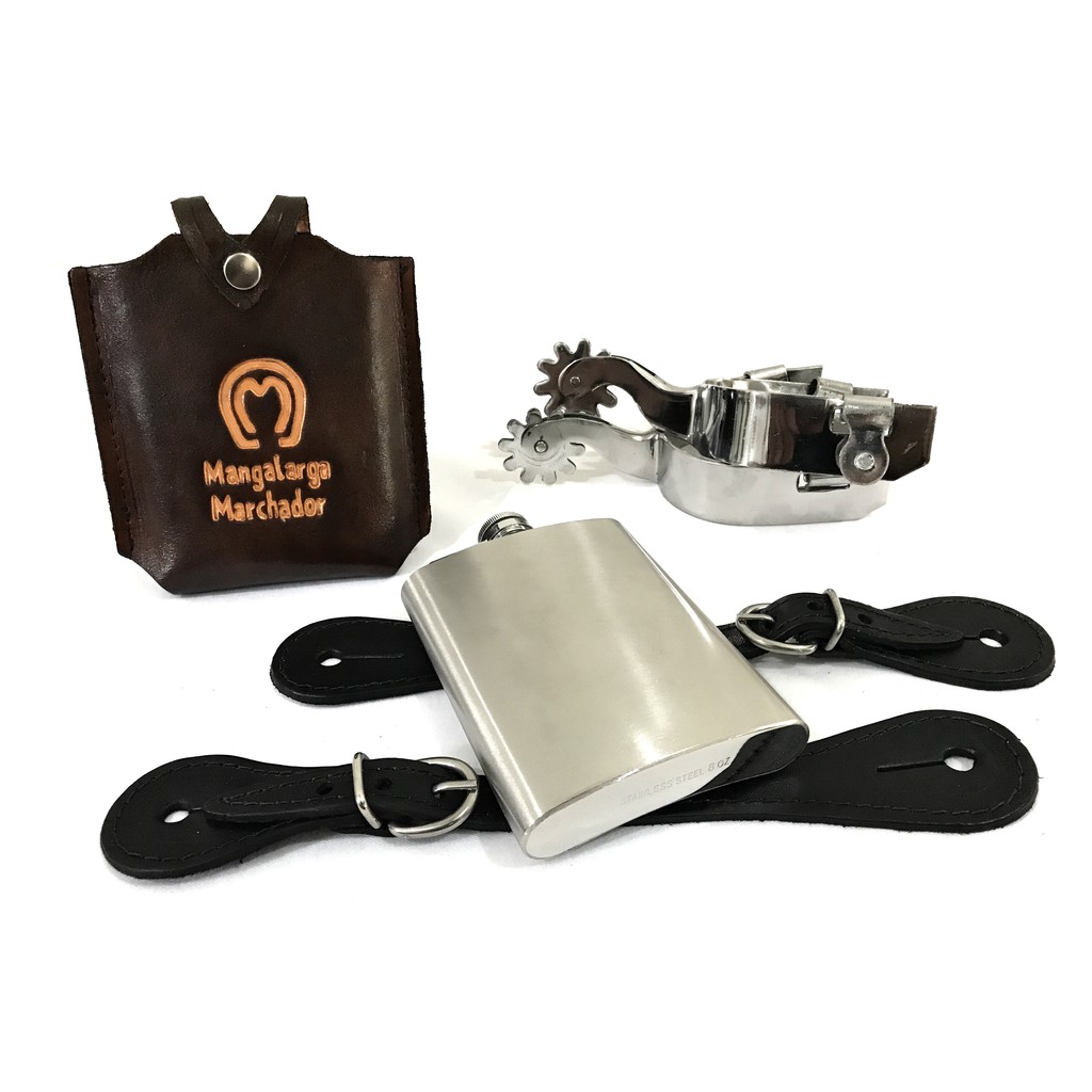 Kit Cantil Porta Bebida Mangalarga + Espora Inox + Correias