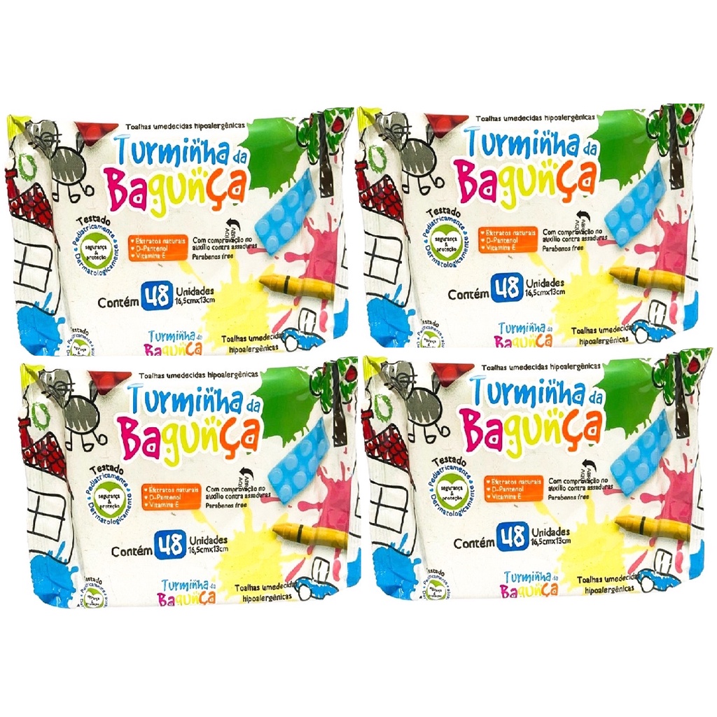Kit com 4 - Lenço Umedecido Turminha da Bagunça Toalha Umedecida 48 Unidades